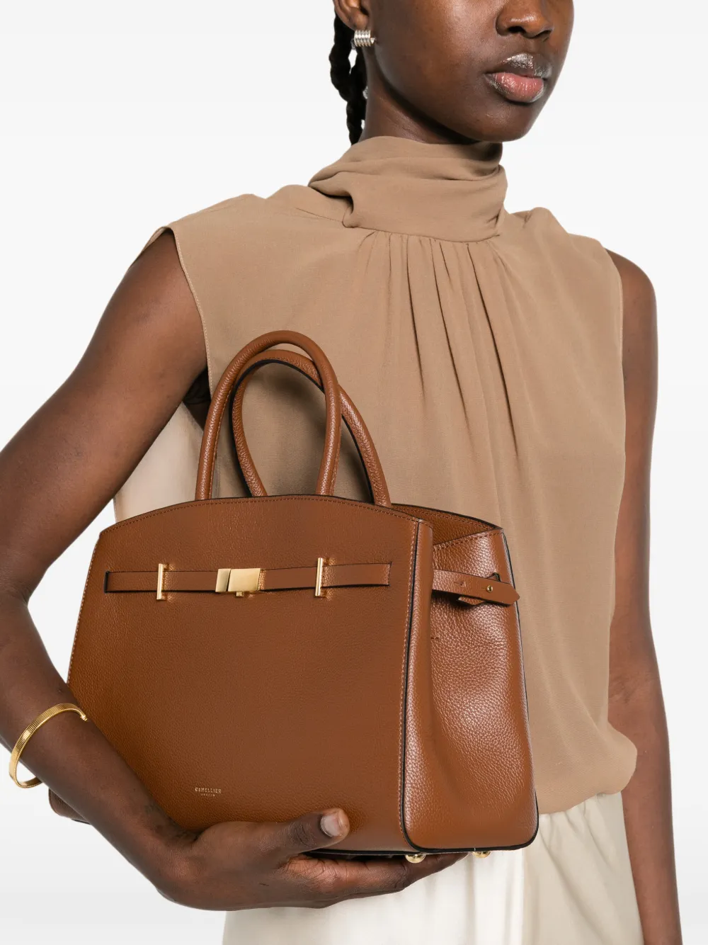  Demellier Top Handle Leather Clutch Bag - Brown 