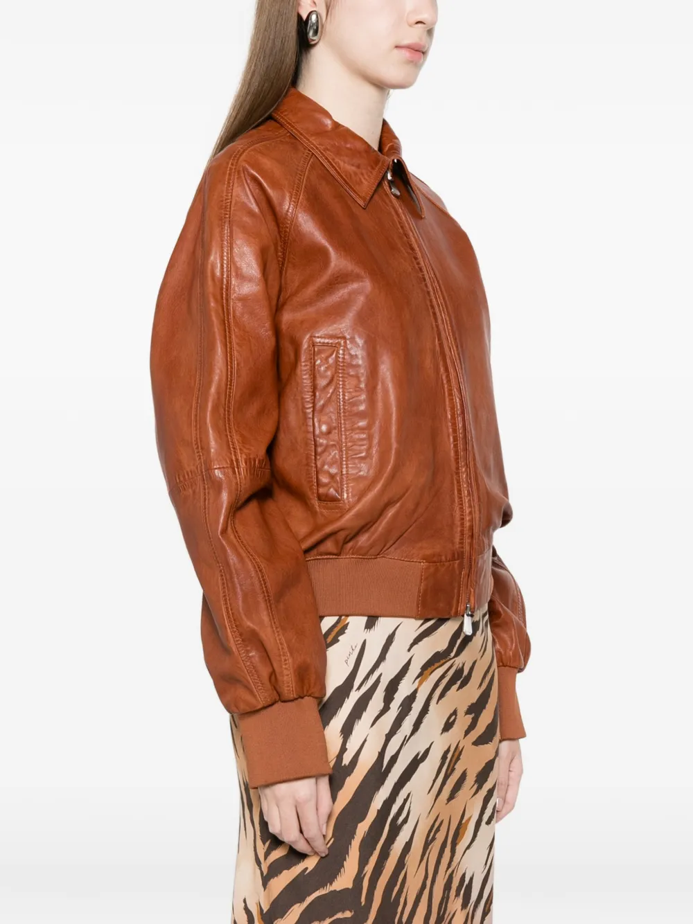  Pinko Collared Leather Jacket - Brown 