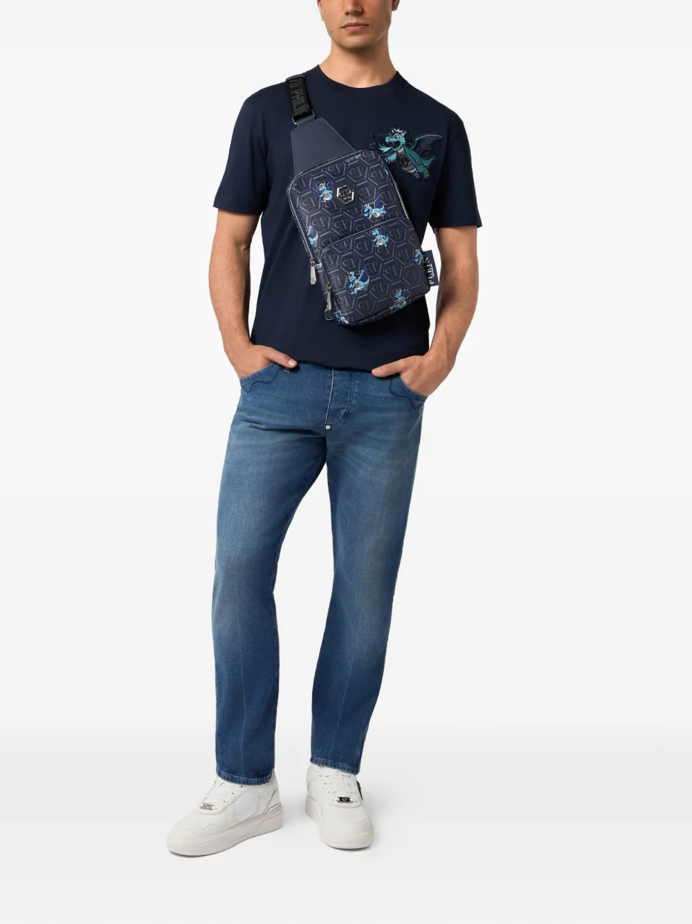 Philipp Plein Schoudertas met monogramprint en drakenpatroon Blauw