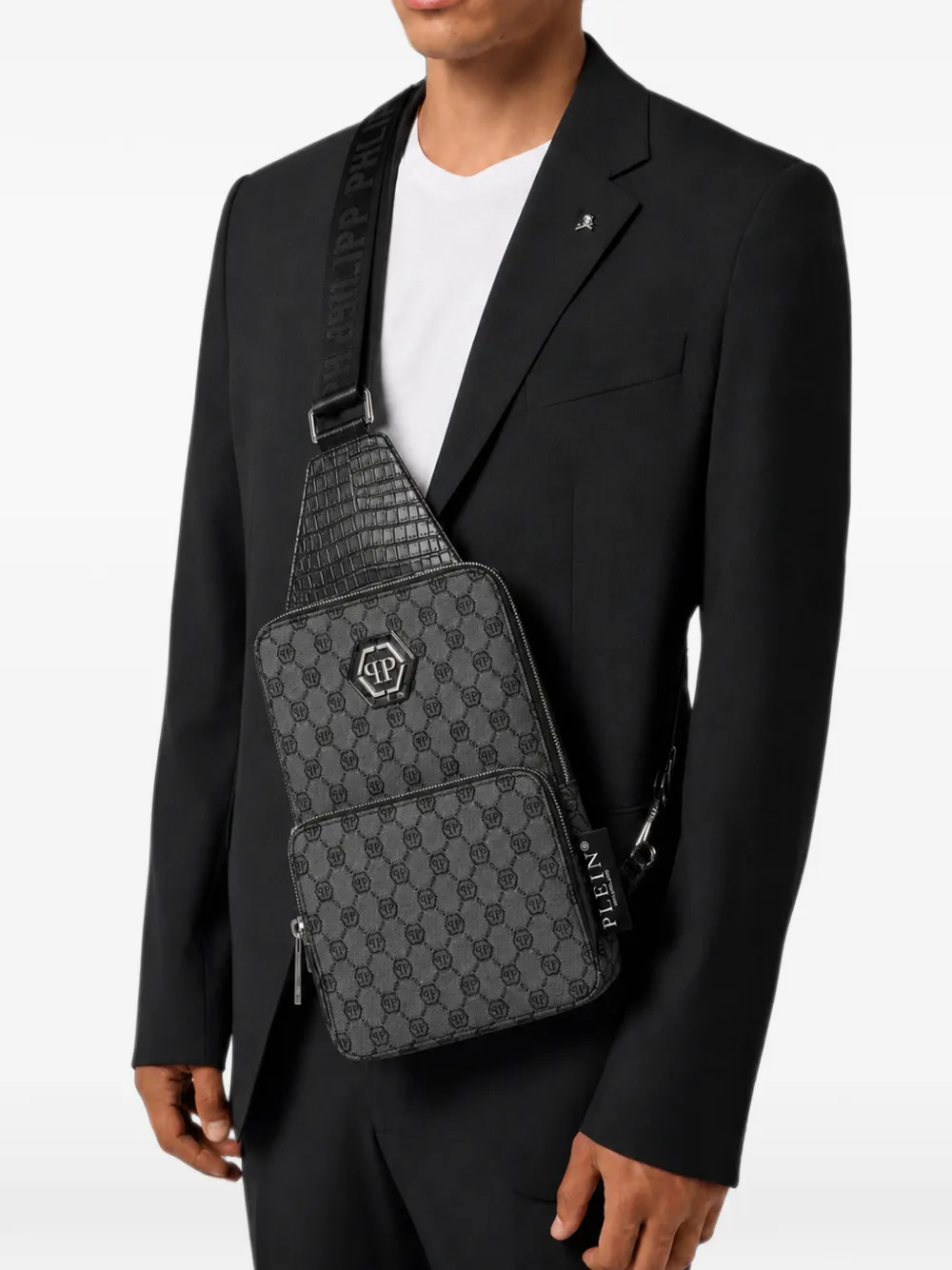 Philipp Plein Denim crossbodytas met monogram-jacquard Grijs