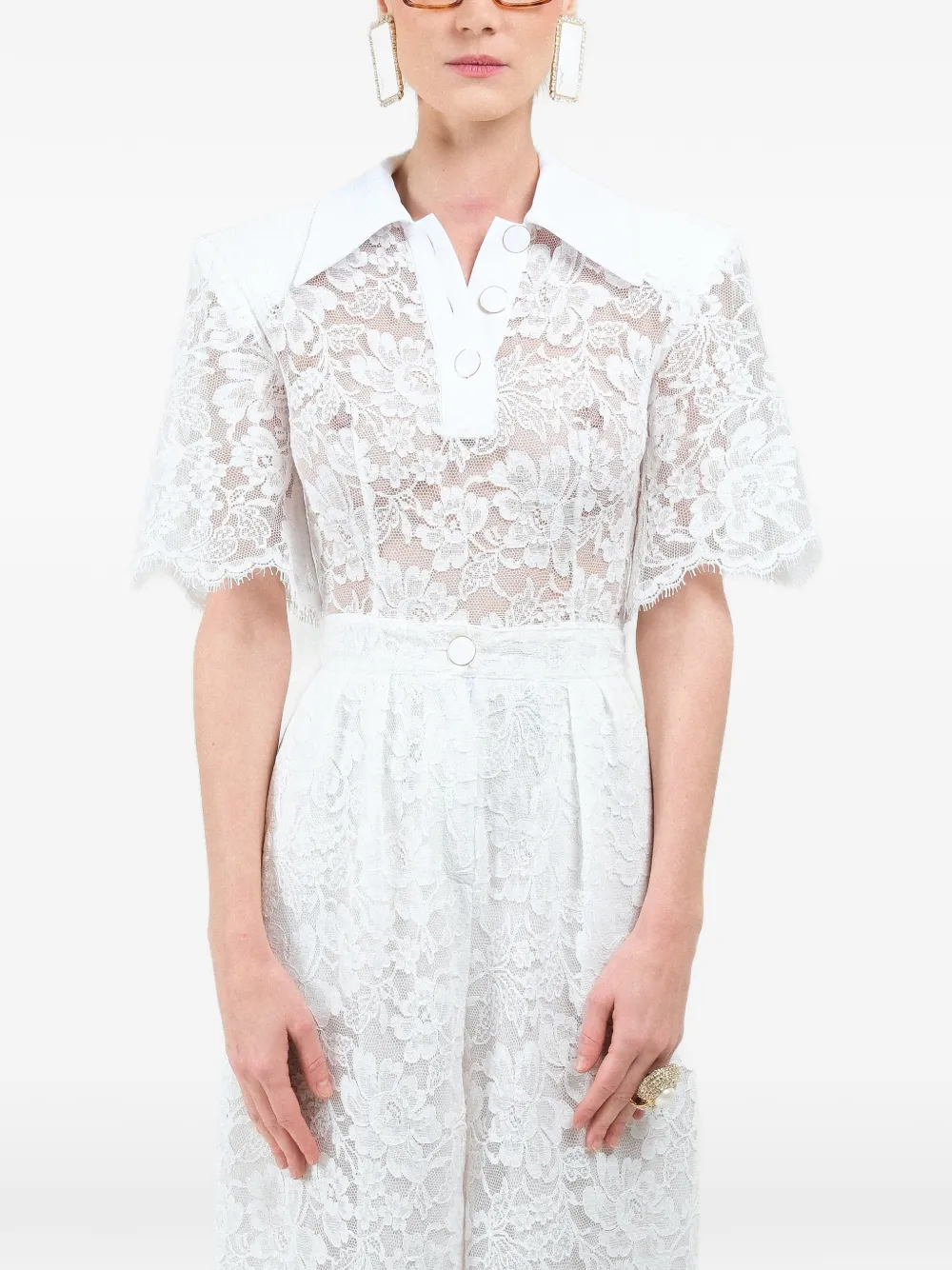 Rowen Rose lace short-sleeves polo shirt - Bianco