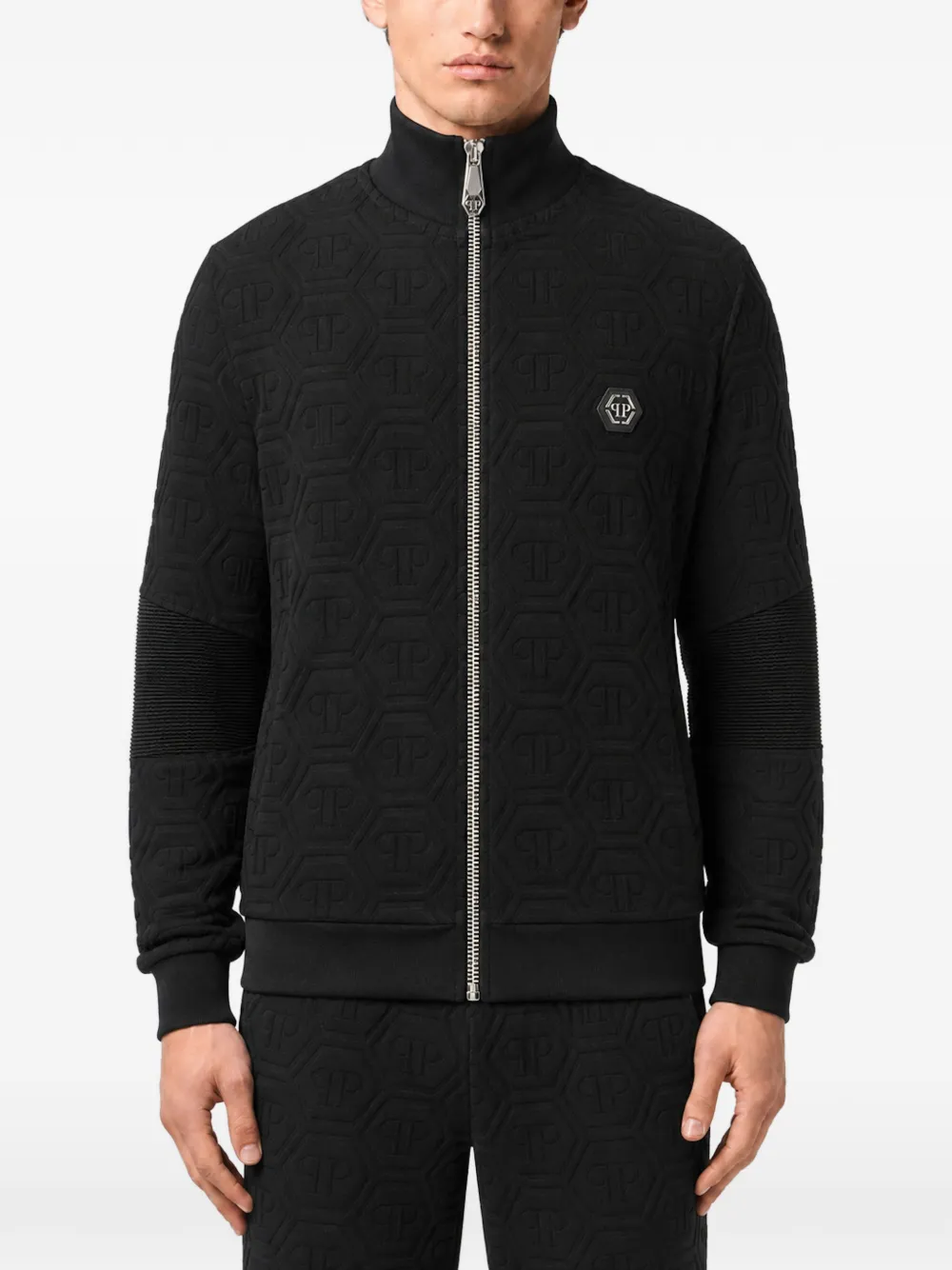 Philipp Plein Gewatteerd biker trainingsjack met monogram Zwart