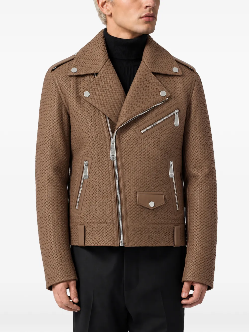 Philipp Plein woven leather biker jacket Bruin