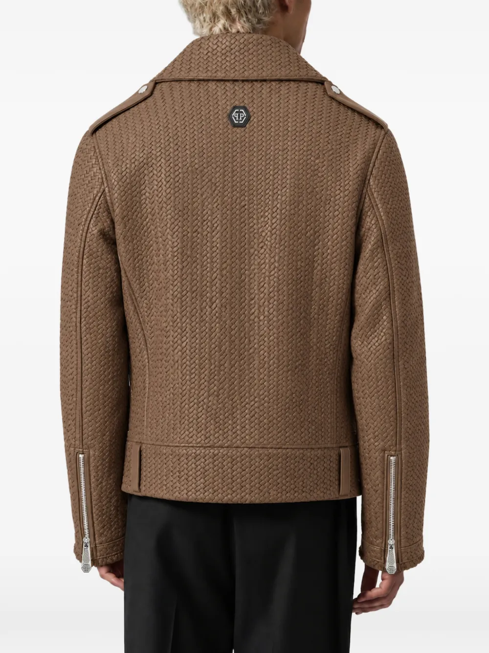 Philipp Plein woven leather biker jacket Bruin