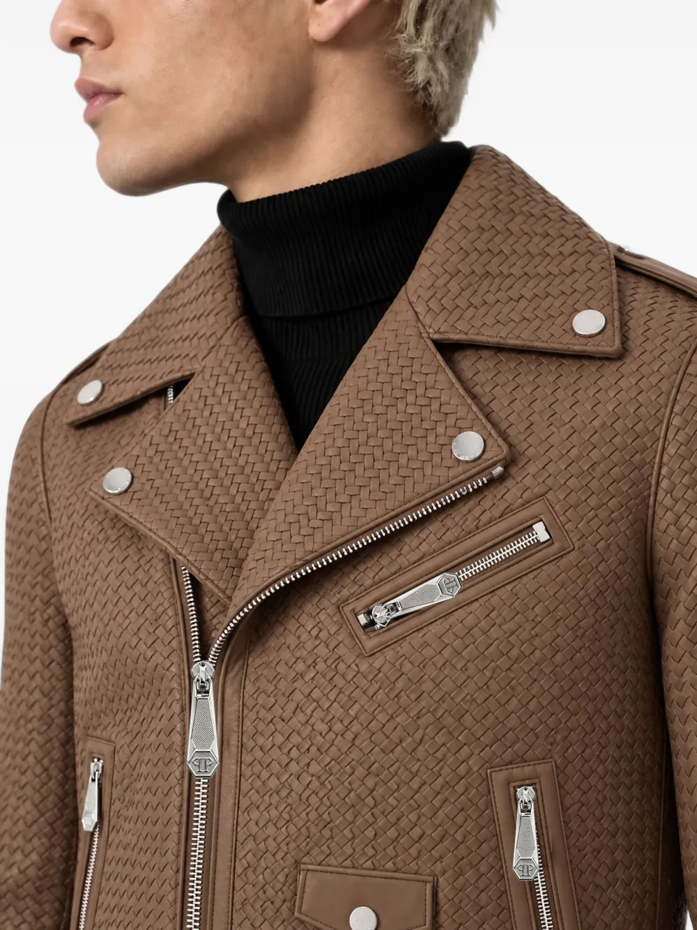 Philipp Plein woven leather biker jacket Bruin