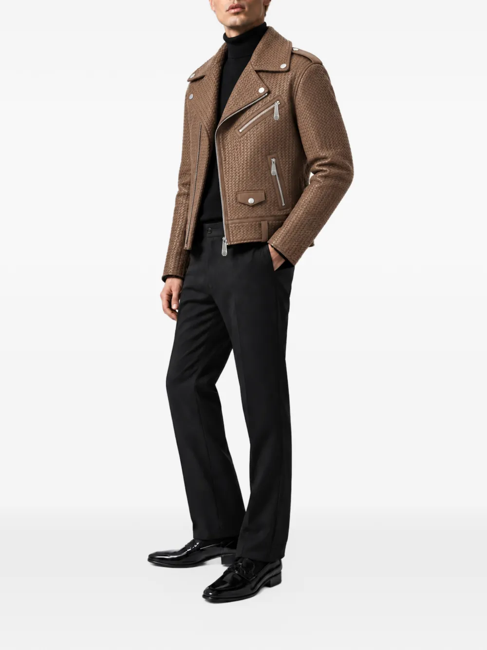 Philipp Plein woven leather biker jacket Bruin