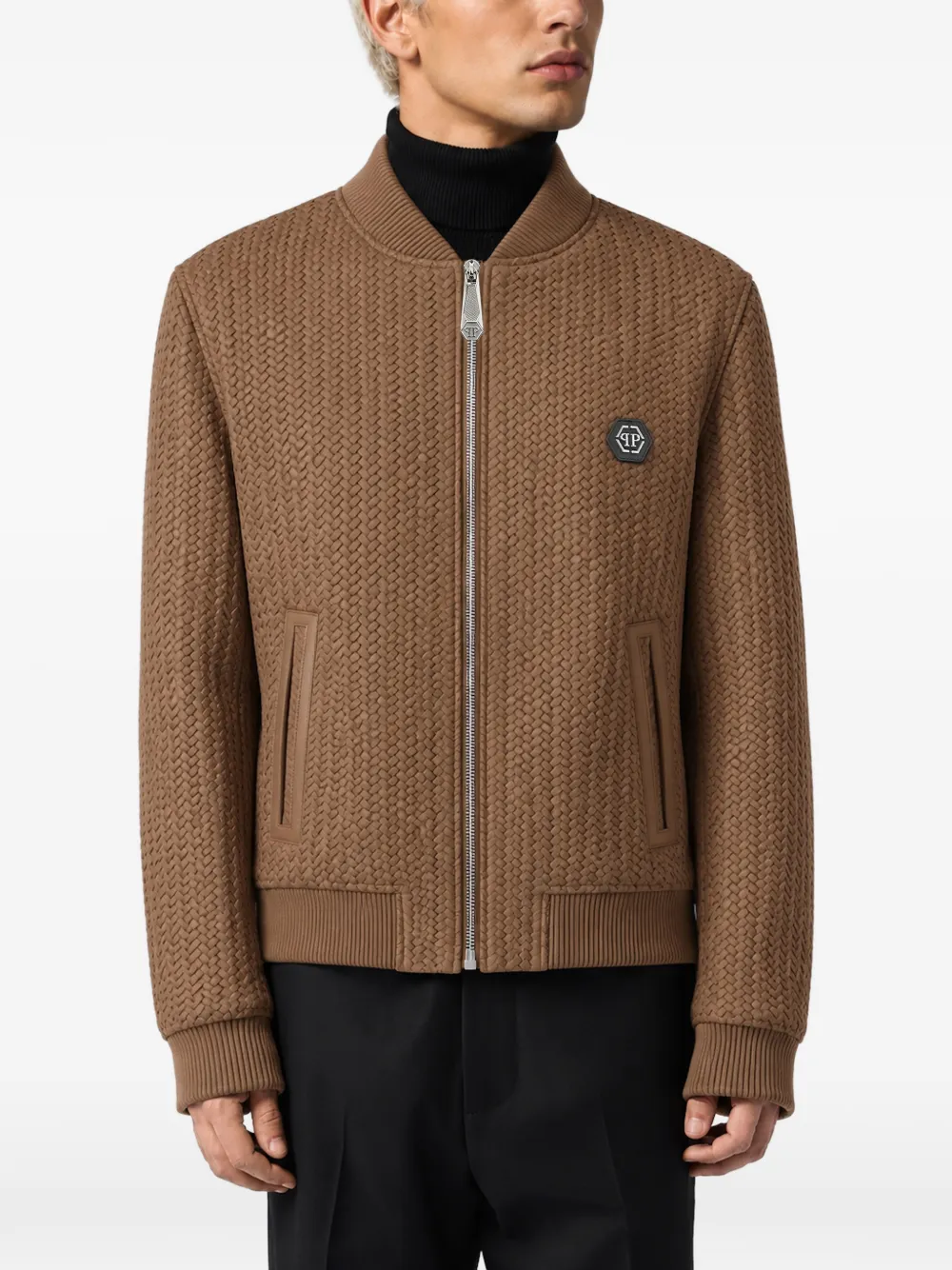 Philipp Plein woven leather bomber jacket Bruin