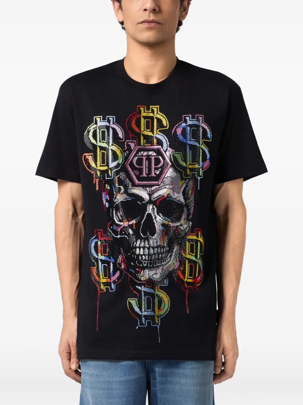 Philipp Plein T-shirt met ronde hals en doodskop steentjes Zwart