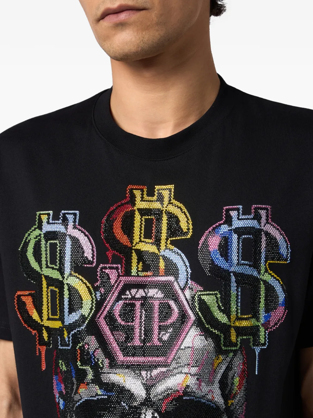 Philipp Plein T-shirt met ronde hals en doodskop steentjes Zwart
