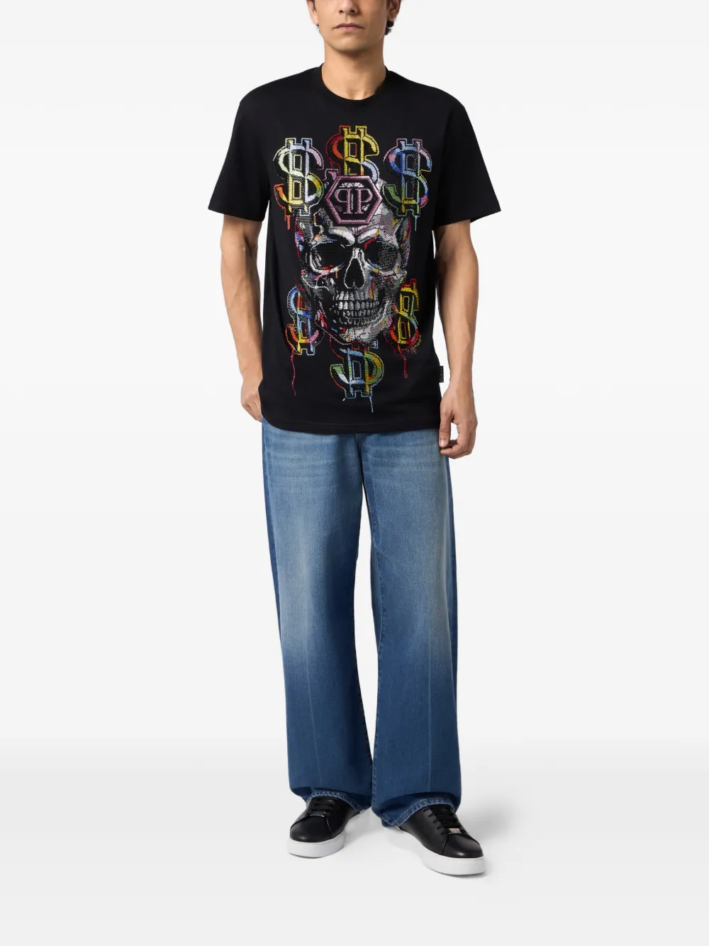 Philipp Plein T-shirt met ronde hals en doodskop steentjes Zwart