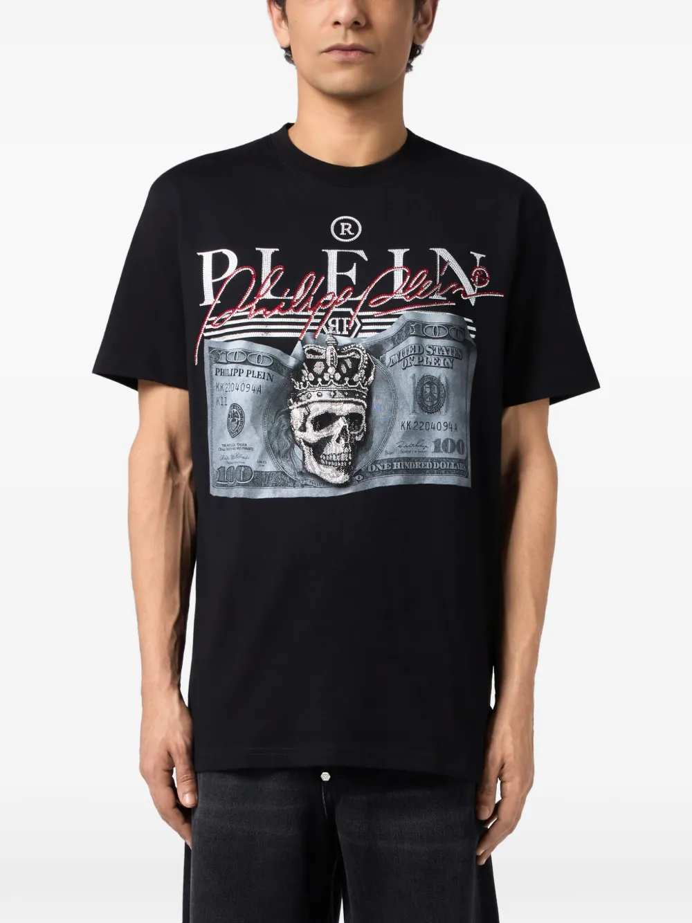 Philipp Plein T-shirt verfraaid met doodskop van stras Zwart