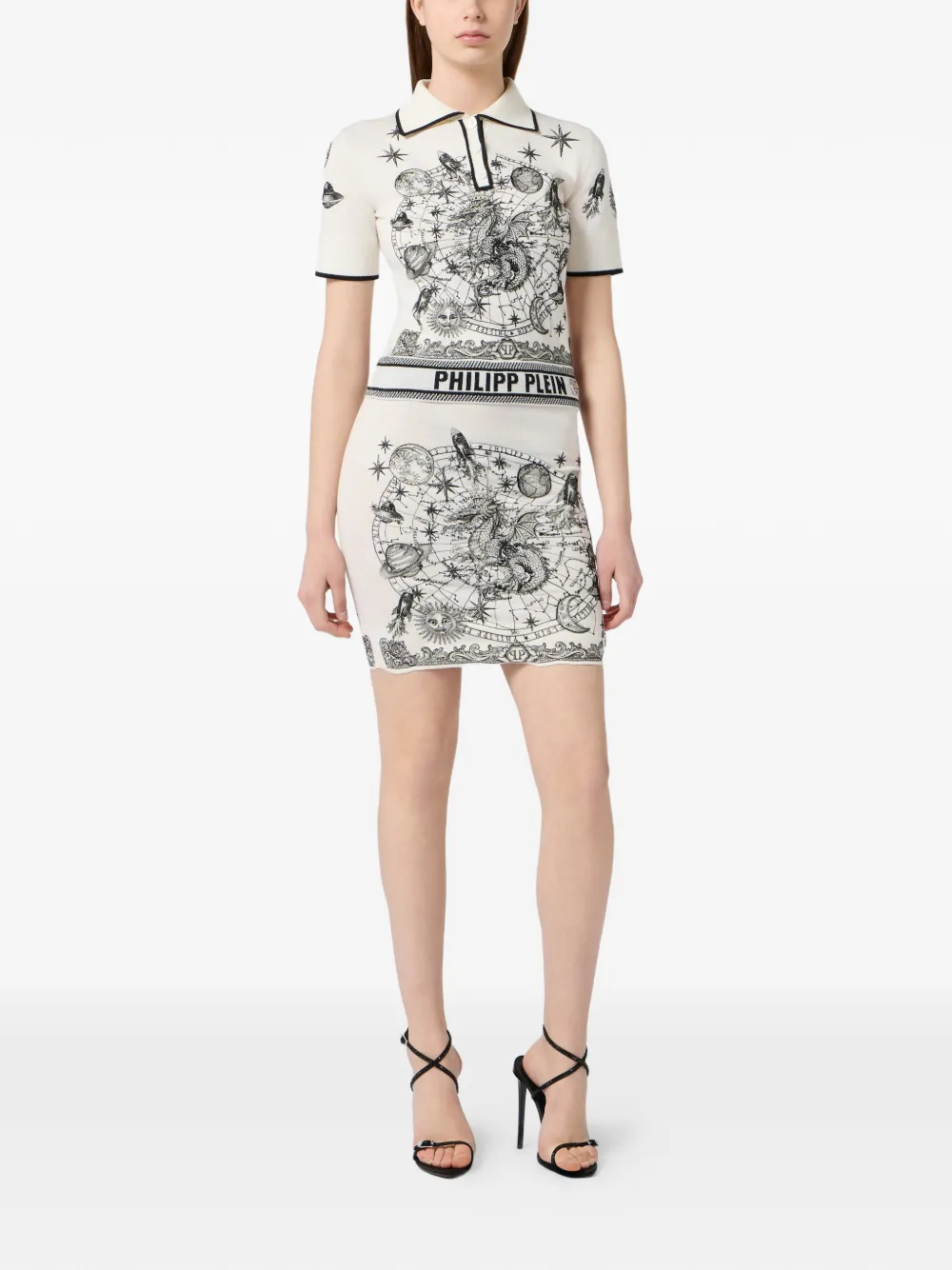 Philipp Plein Gebreide mini-rok met sterrenbeeldprint Beige