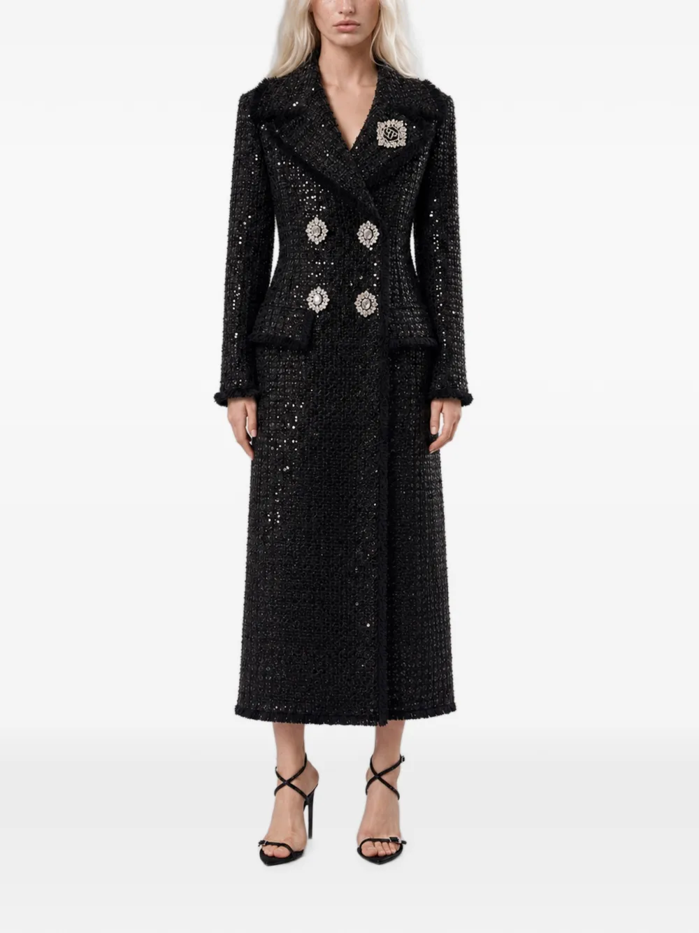 Philipp Plein Tweed lange jas met pailletten Zwart