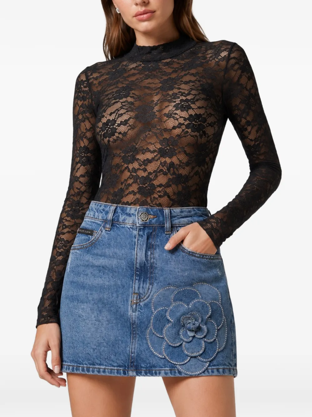 Philipp Plein Body met monogram en kant Zwart