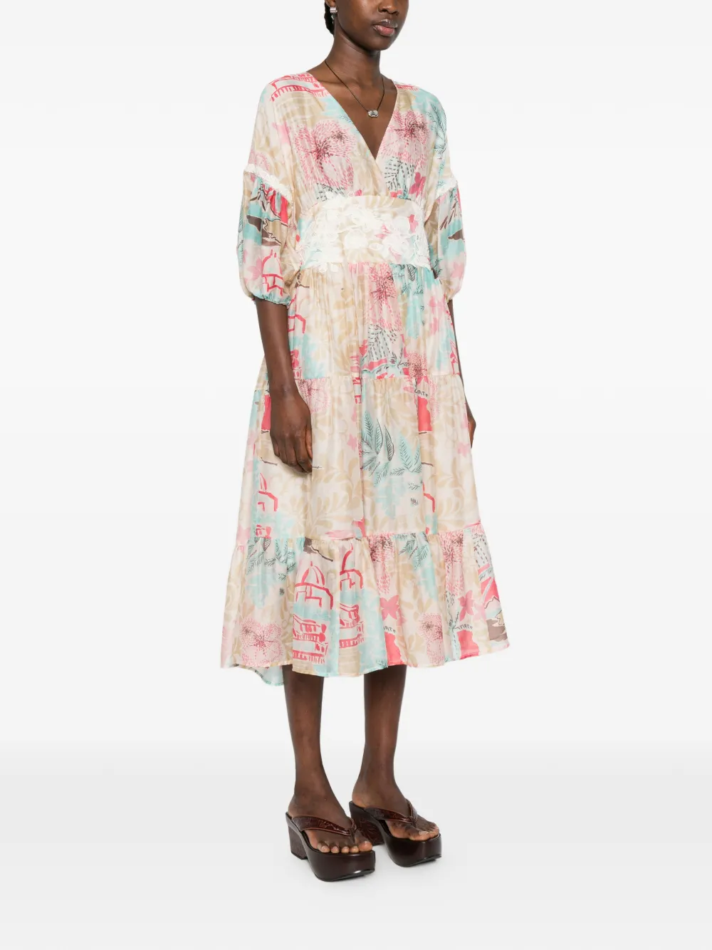 ERMANNO FIRENZE Midi-jurk met bloemenprint Beige
