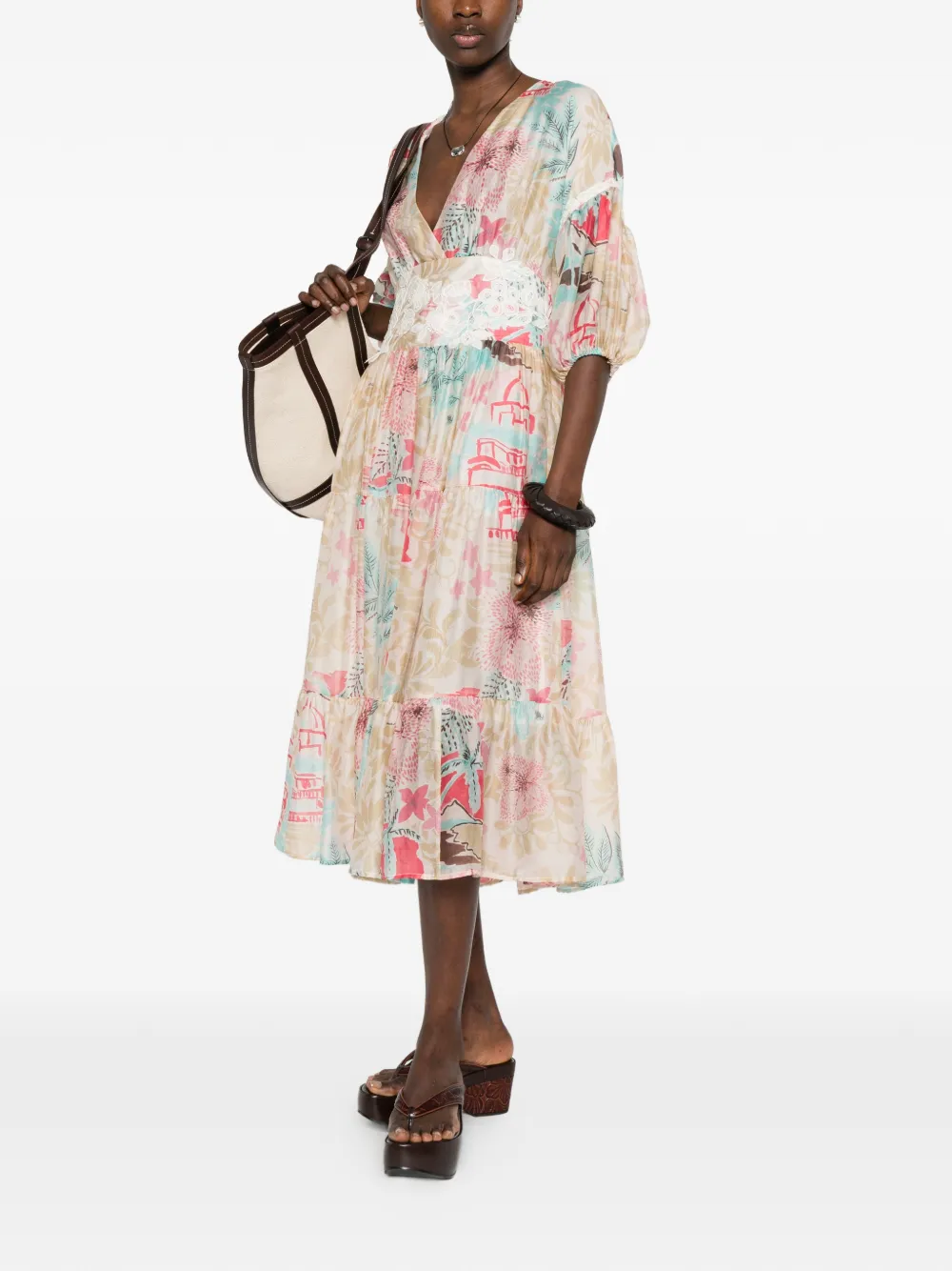 ERMANNO FIRENZE Midi-jurk met bloemenprint Beige