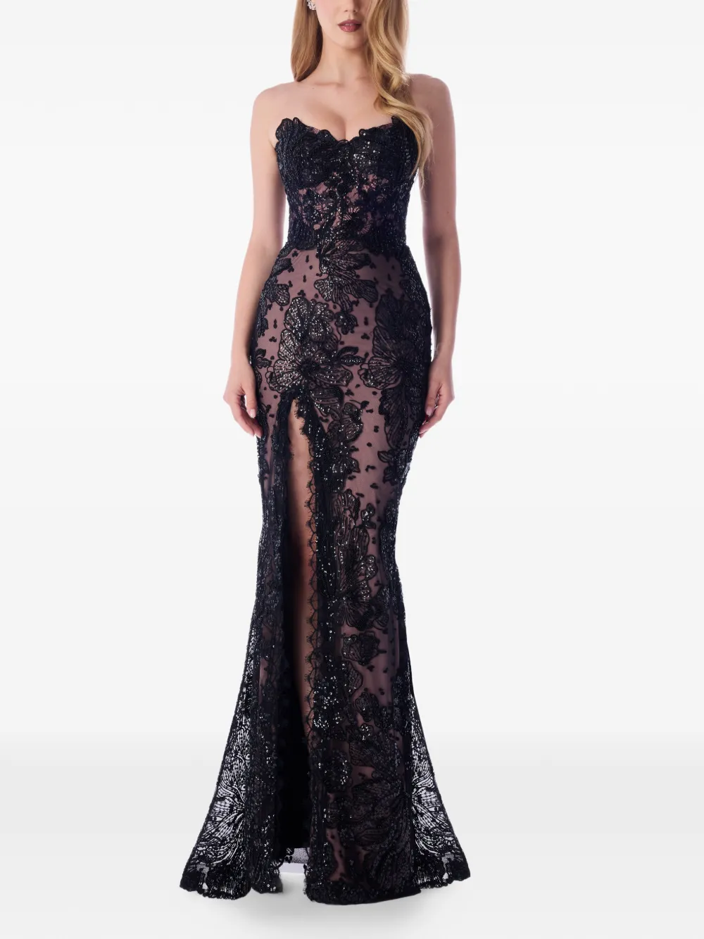Piano Zid Mermaid Lace-Detail Slit Maxi Dress
