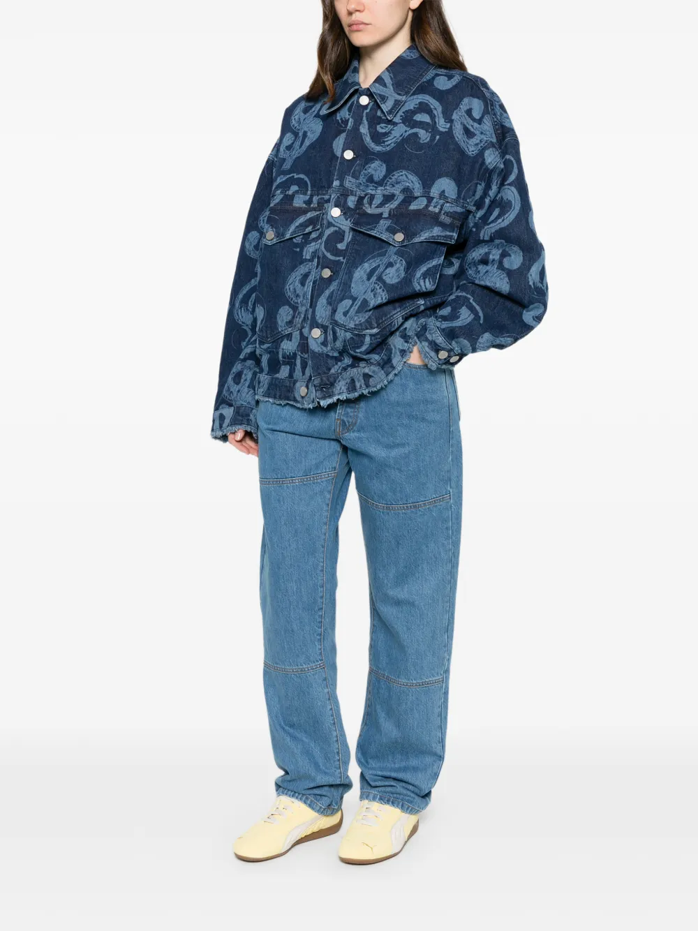 Études Studio Denim jack met dollar-print en gerafelde afwerking Blauw