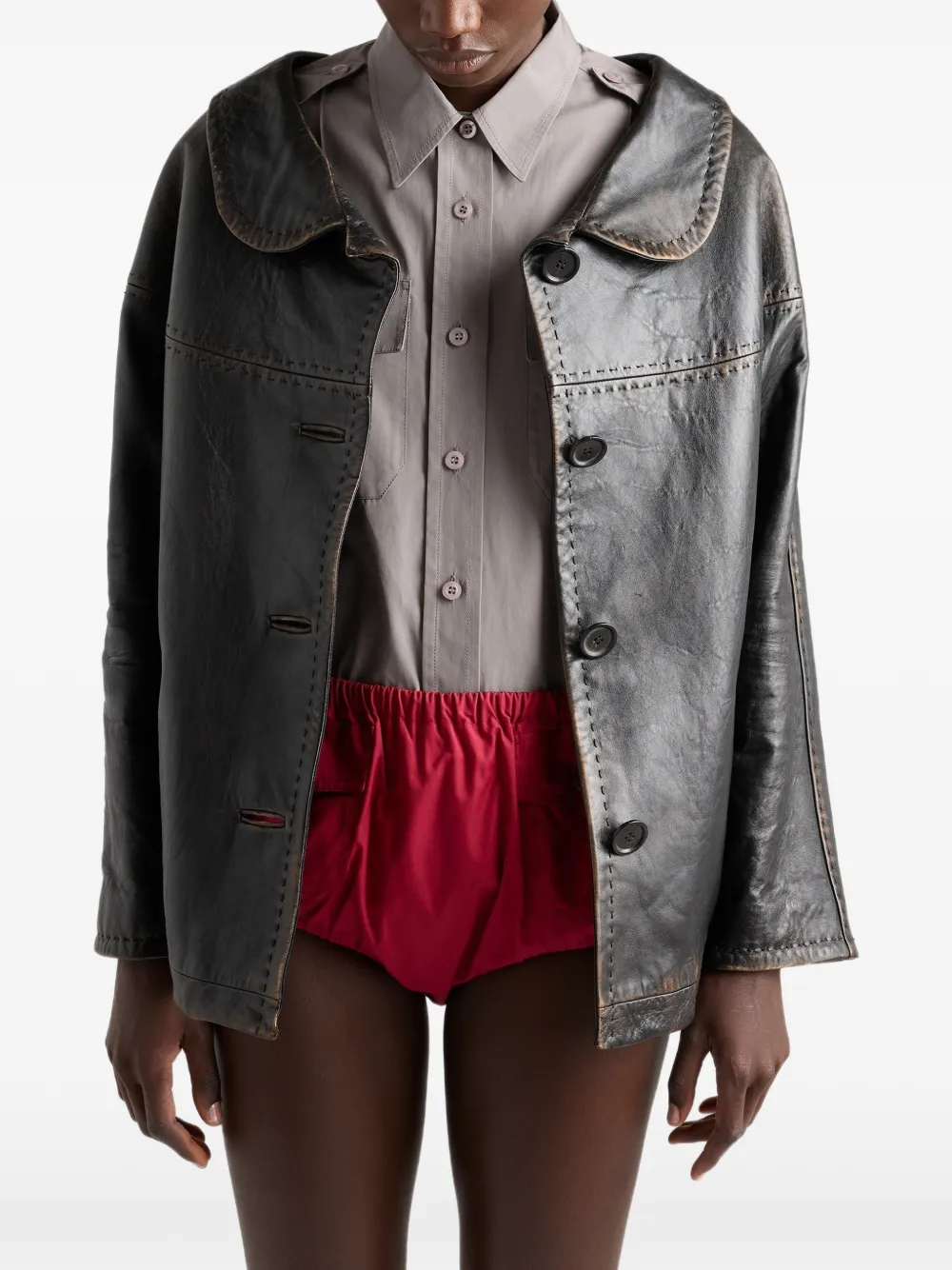  Prada Antiqued Nappa Leather Jacket - Black 