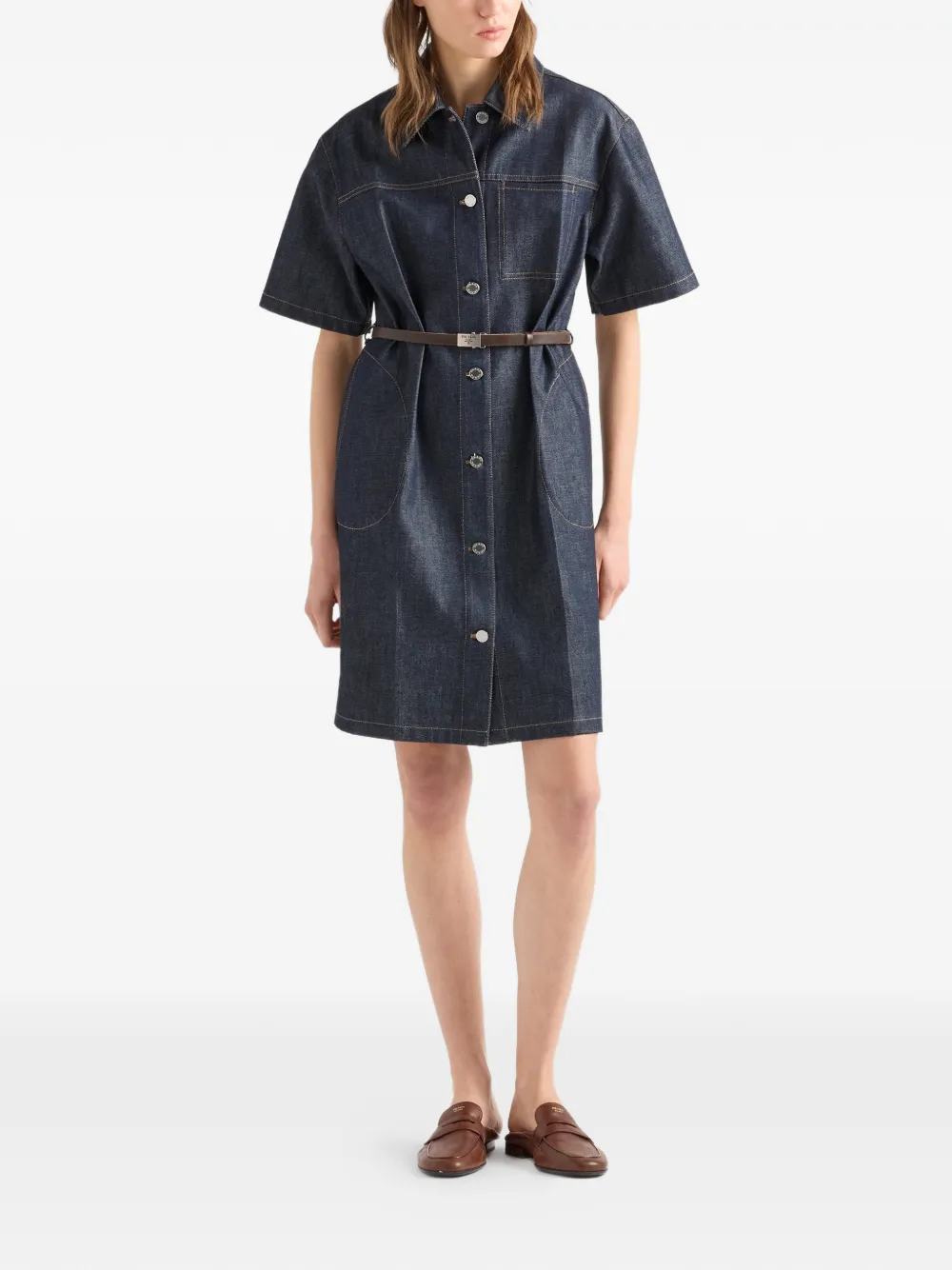  Prada Belted Denim Mini Dress - Blue 