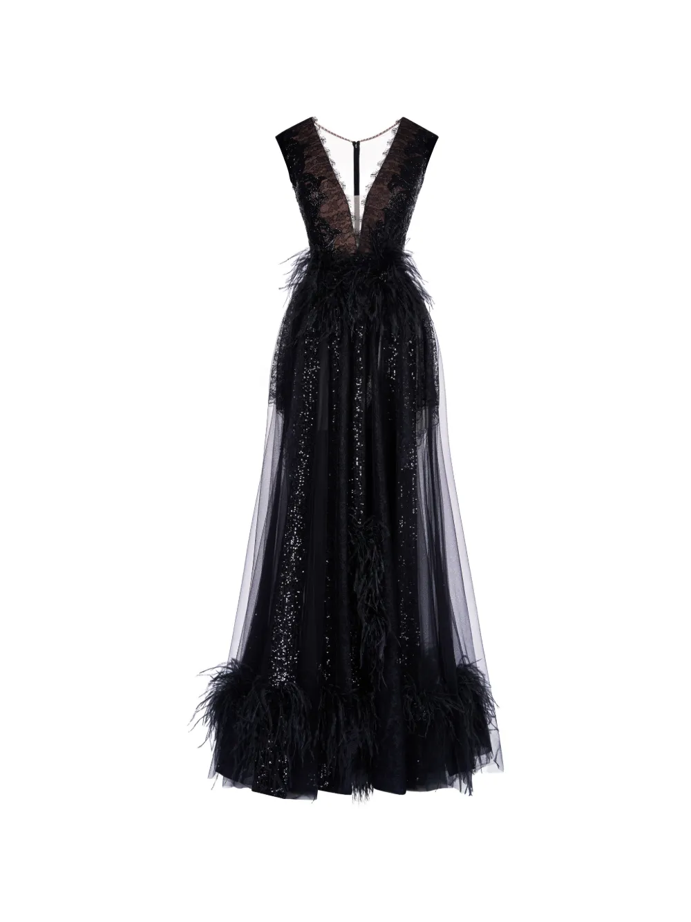 IMROSKA Imroska Onyx lace feather-trim maxi dress - Black