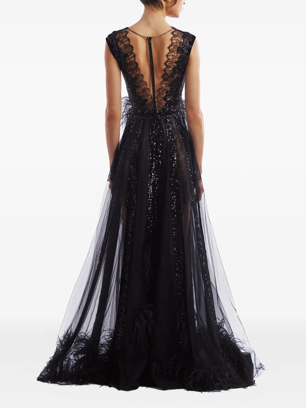 IMROSKA Onyx maxi-jurk met veren afwerking Zwart