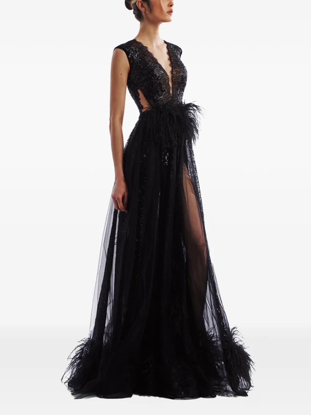 IMROSKA Onyx maxi-jurk met veren afwerking Zwart
