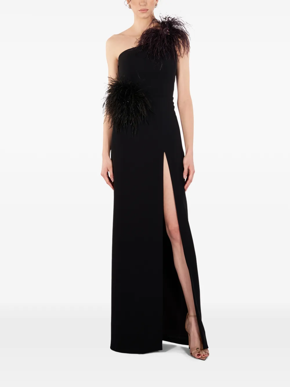  Imroska Imroska 16 Feather-detail One-shoulder Maxi Dress - Black 