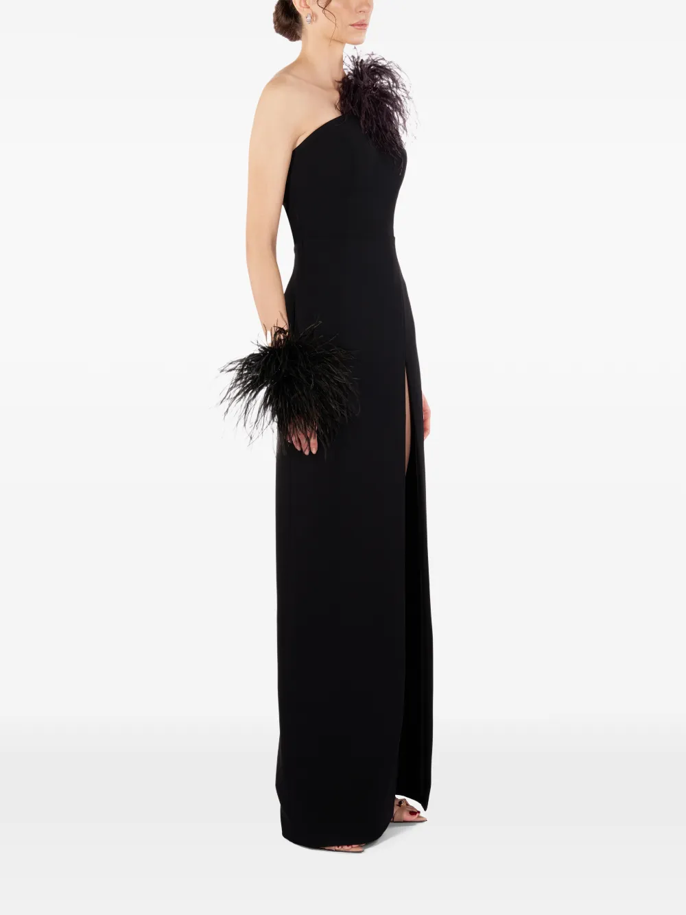  Imroska Imroska 16 Feather-detail One-shoulder Maxi Dress - Black 