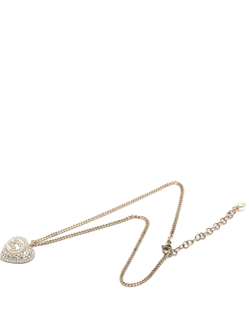 CHANEL Pre-Owned 2022 Gold Plated CC Faux Pearl Crystal Heart Pendant Necklace costume necklace