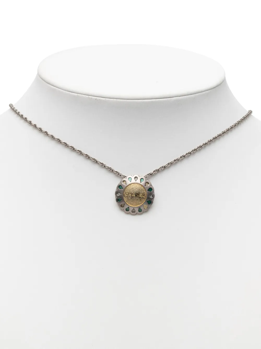 1999 Silver Plated Rhinestone Flower Pendant Necklace Costume Necklace
