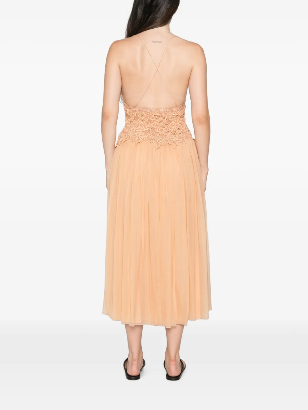 Alberta Ferretti Geplooide midi-jurk met afwerking van kant Beige