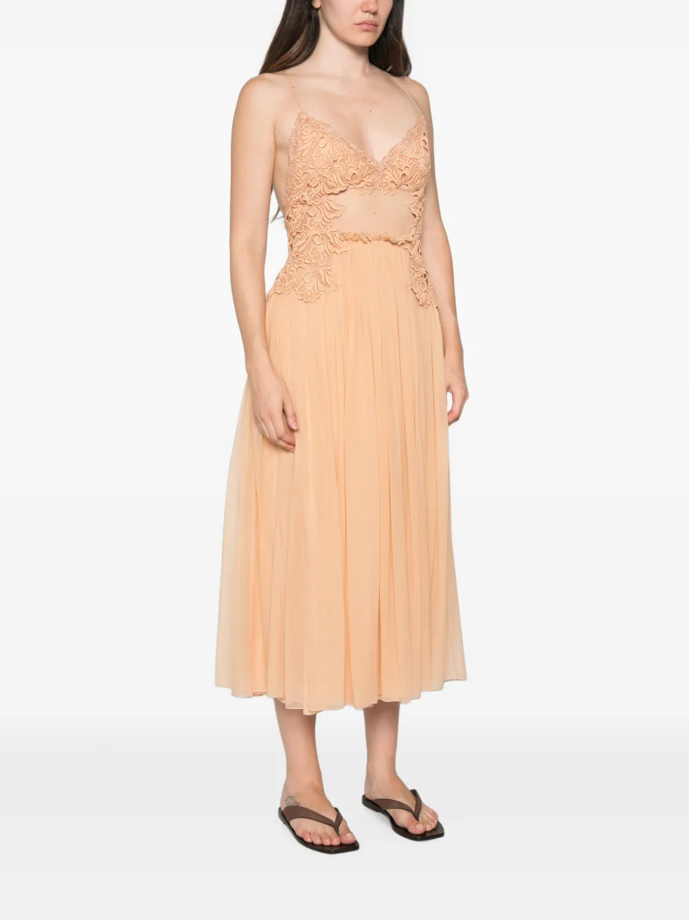 Alberta Ferretti Geplooide midi-jurk met afwerking van kant Beige