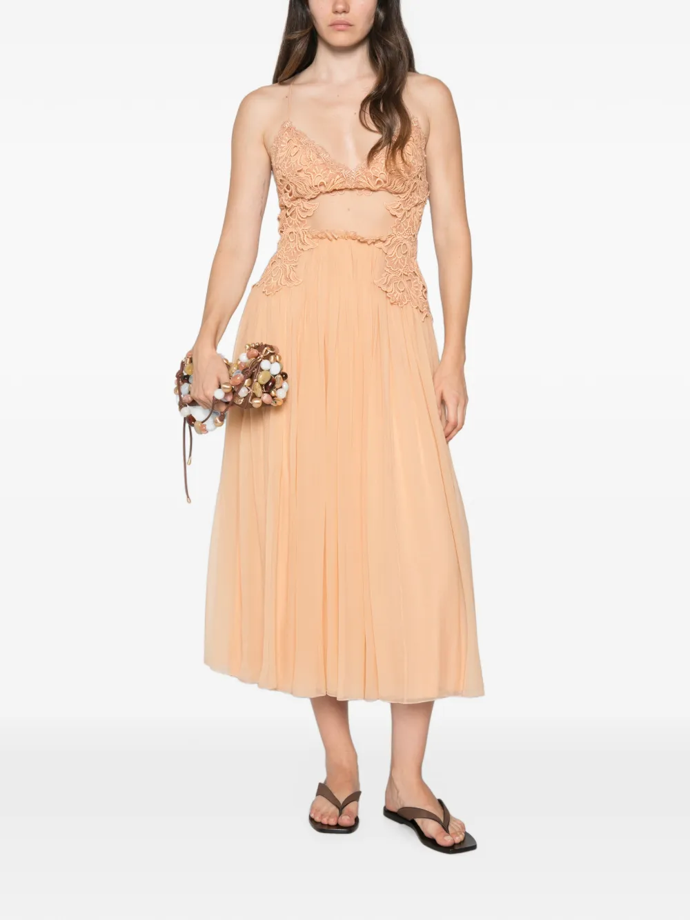 Alberta Ferretti Geplooide midi-jurk met afwerking van kant Beige
