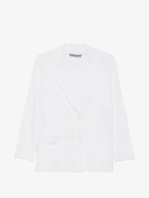 D.Exterior double-breasted peak-lapel blazer