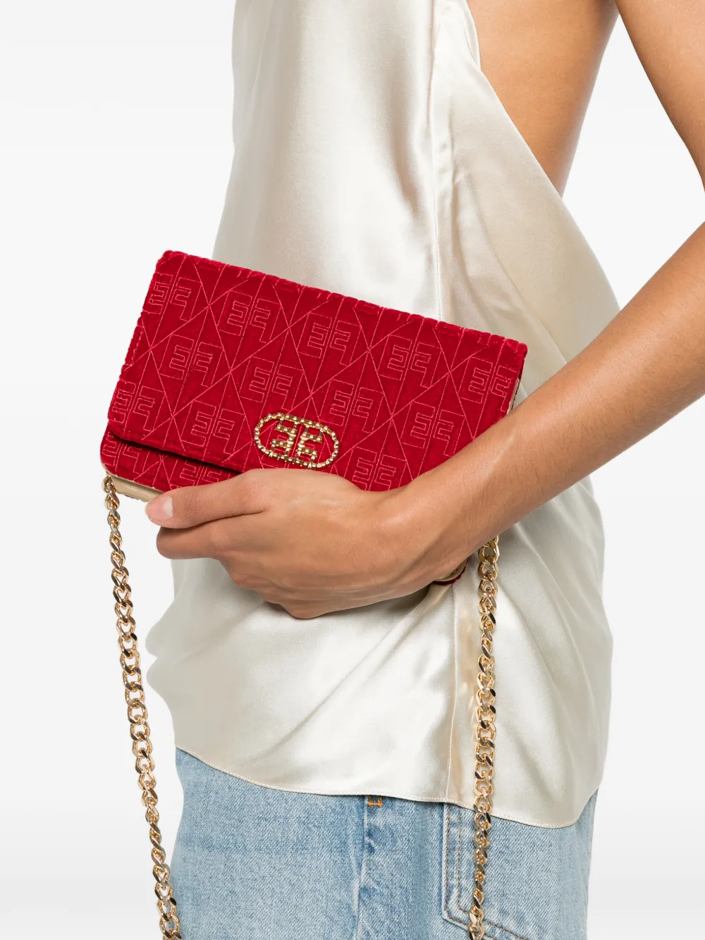 Elisabetta Franchi Schoudertas met fluwelen-effect en monogramprint Rood