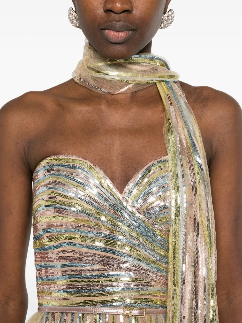 Elie Saab Gestreepte maxi-jurk met pailletten Beige