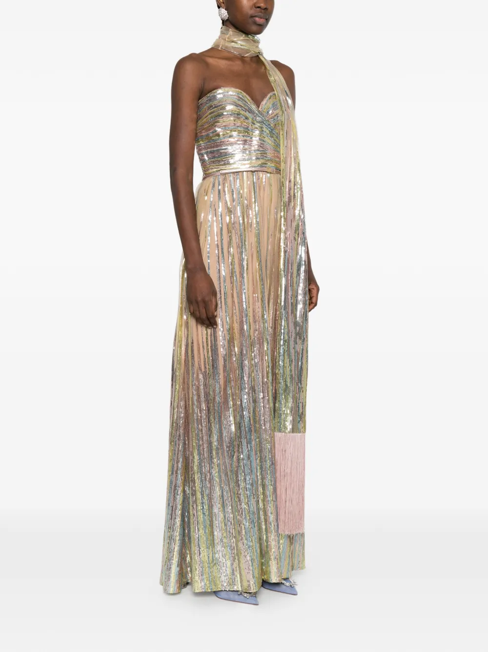 Elie Saab Gestreepte maxi-jurk met pailletten Beige