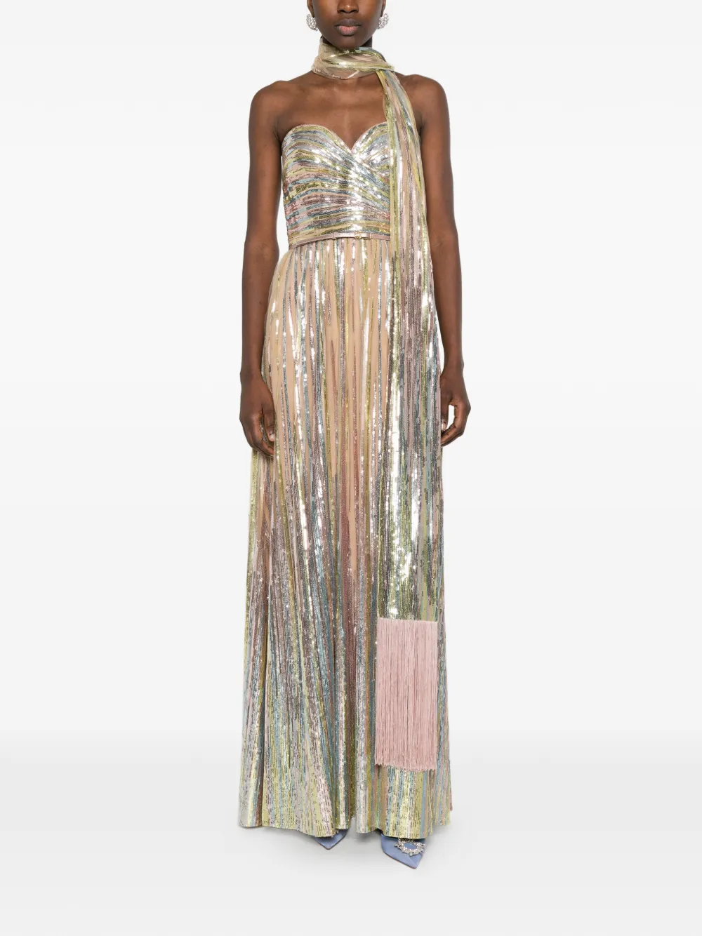 Elie Saab Gestreepte maxi-jurk met pailletten Beige