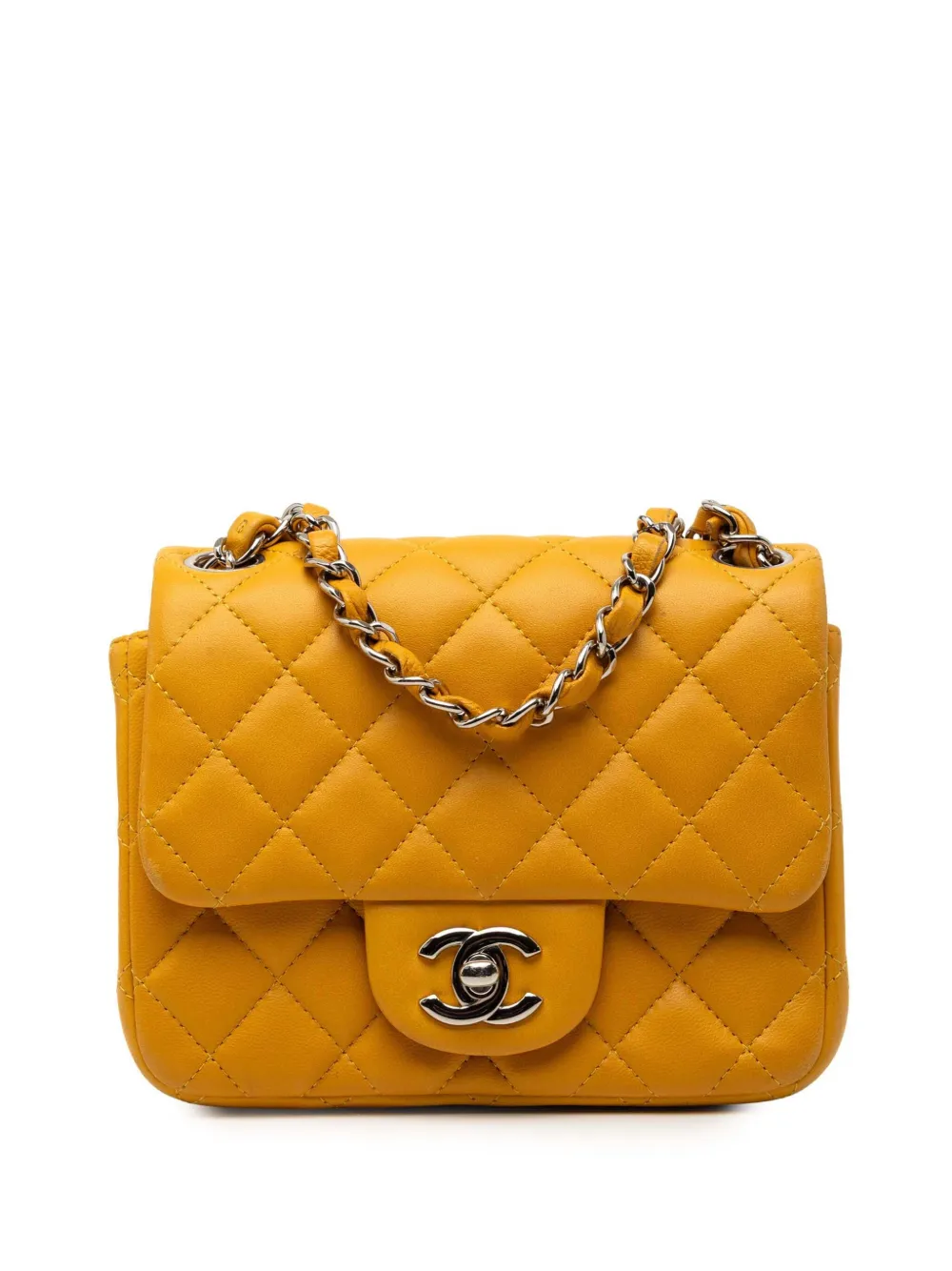 CHANEL Pre-Owned Borsa a tracolla Mini Square Classic in pelle di agnello con battente 2014 - Giallo