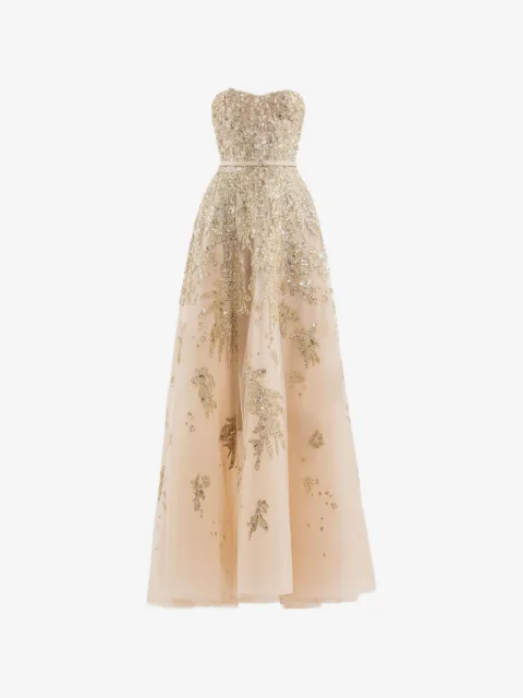Saiid Kobeisy vestido largo estilo strapless con detalles de cristal