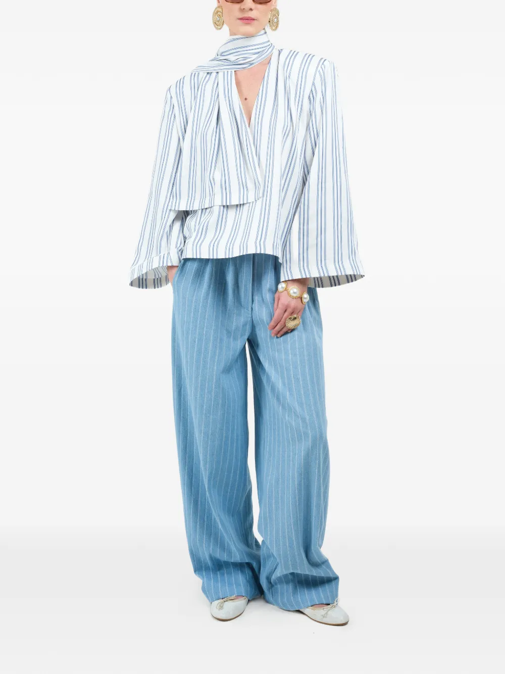  Rowen Rose Striped Scarf Shirt - White 