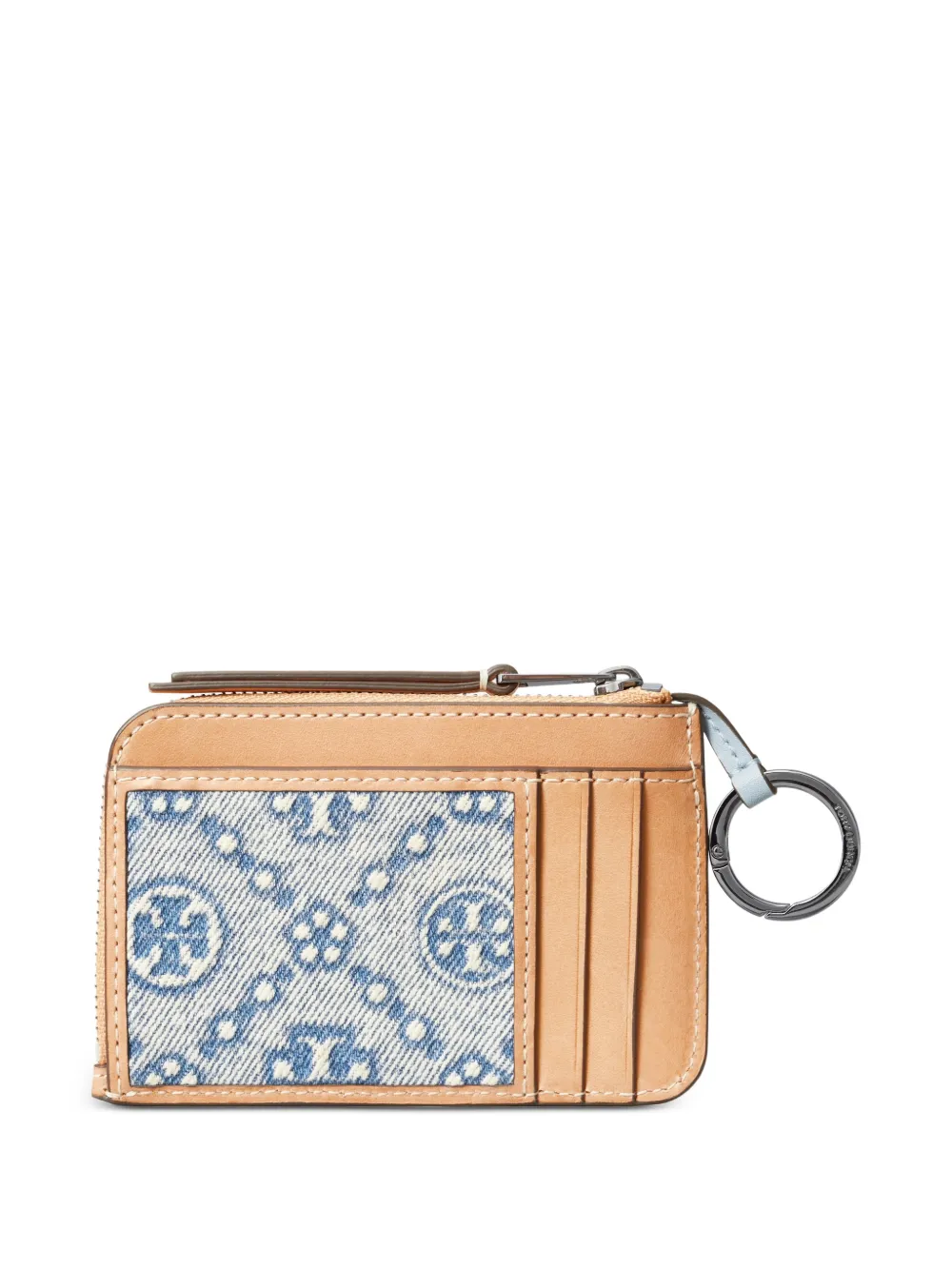 Tory Burch Denim pasjeshouder met rits en T Monogram Beige