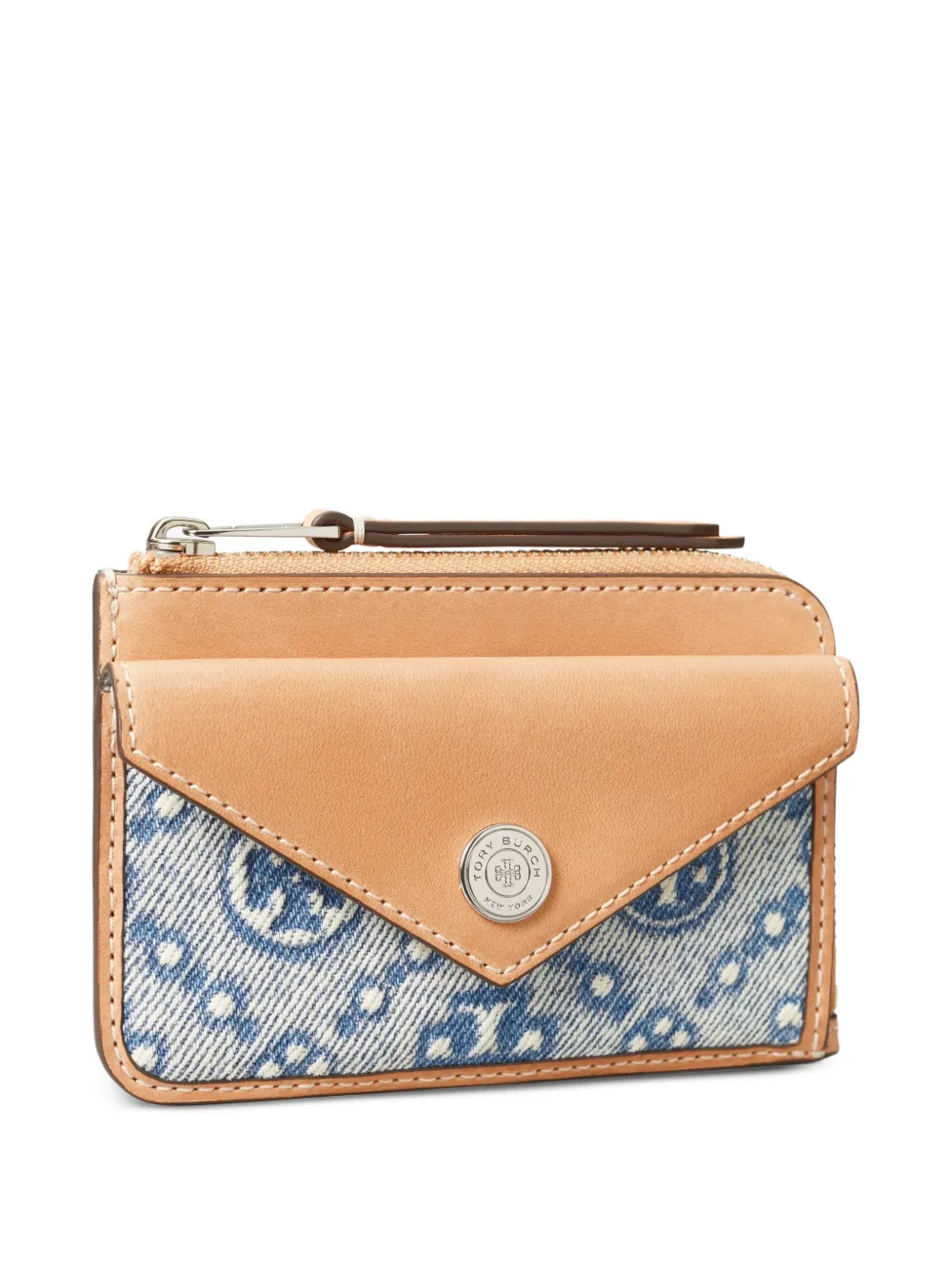 Tory Burch Denim pasjeshouder met rits en T Monogram Beige