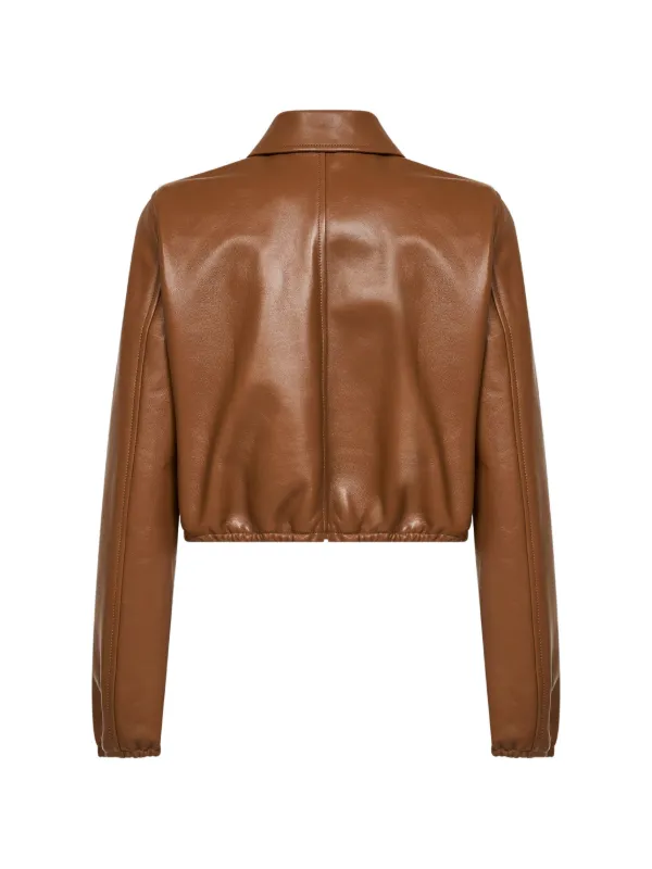 キャメルGUCCIレザーブルゾン Gucci embossed-logo Leather Jacket | Brown | FARFETCH