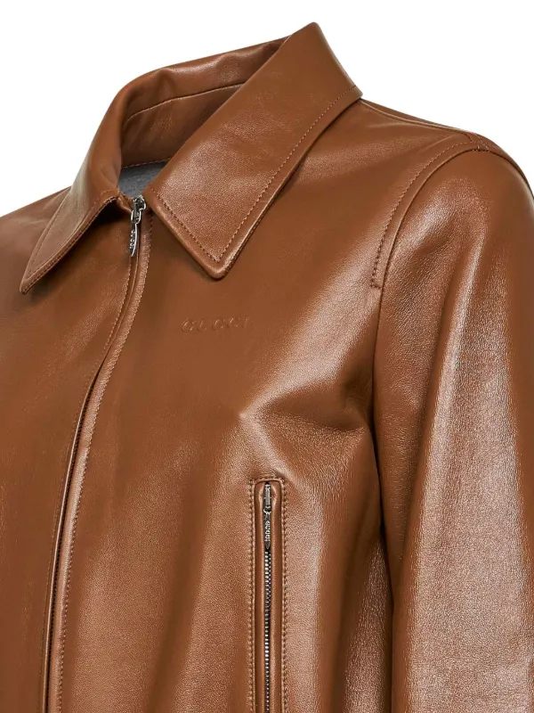 Gucci embossed-logo Leather Jacket | Brown | FARFETCH