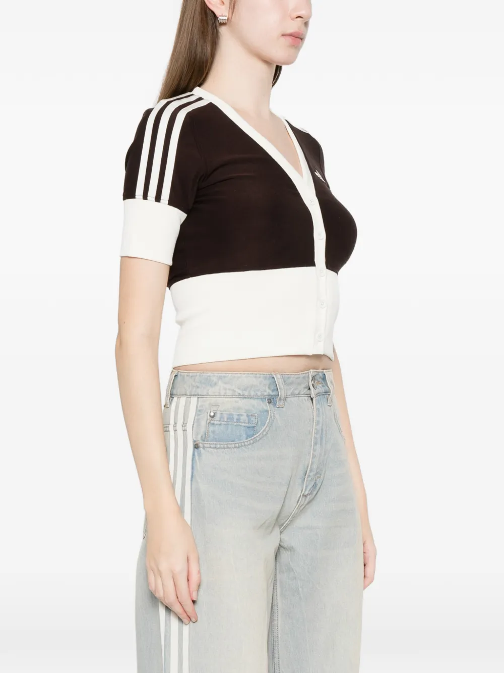  Adidas Stripe Short-sleeve Cardigan - Brown 