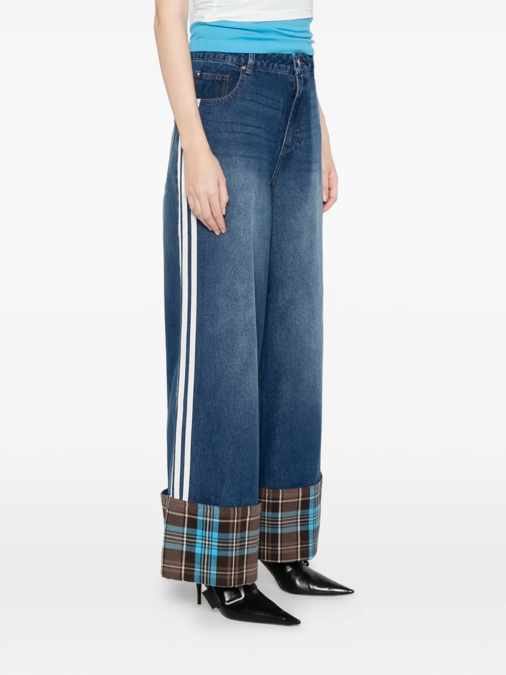  Adidas Side Stripe Check Cuffs Denim Trousers - Blue 