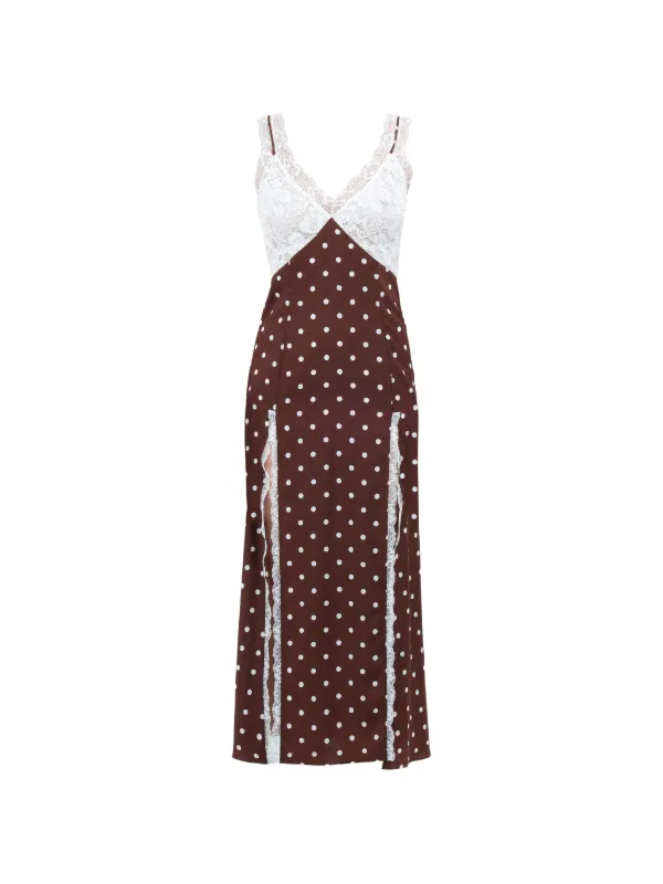 knee length dresses for ladies Third Form Visions Lace Deep V Neck Maxi Dress - Chocolate Polka Dot main image 1
