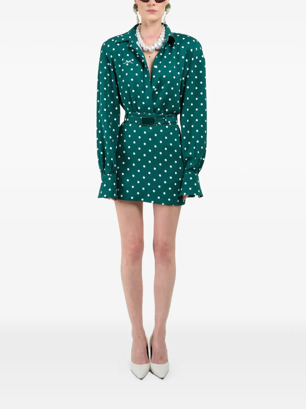  Rowen Rose Polka-dots Belted Mini Skirt - Green 